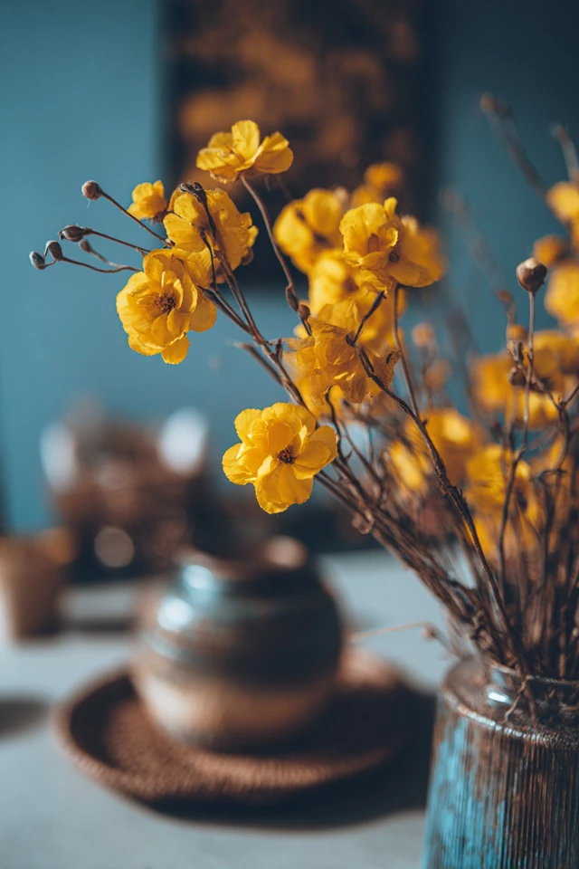 Yellow decor combined with a soft neutral palette in a living space