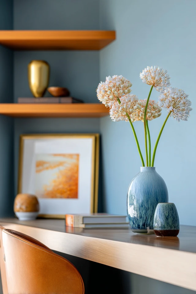 Fold away desk open with a simple, uncluttered work surface in a living space