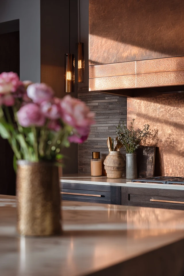 Copper backsplash detail in a kitchen showing the metal's warm finish
