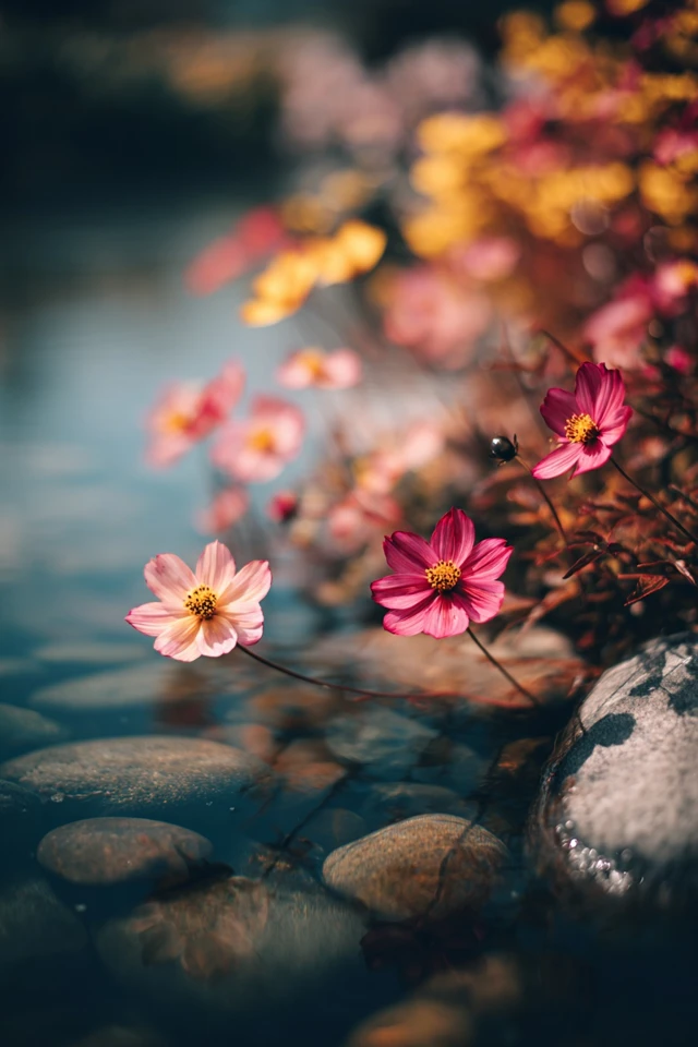 Small garden water feature surrounded by plants and natural stones