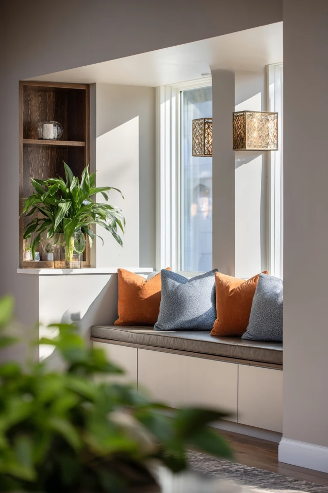 Modern conversation pit couch with cushions in a living room seating area