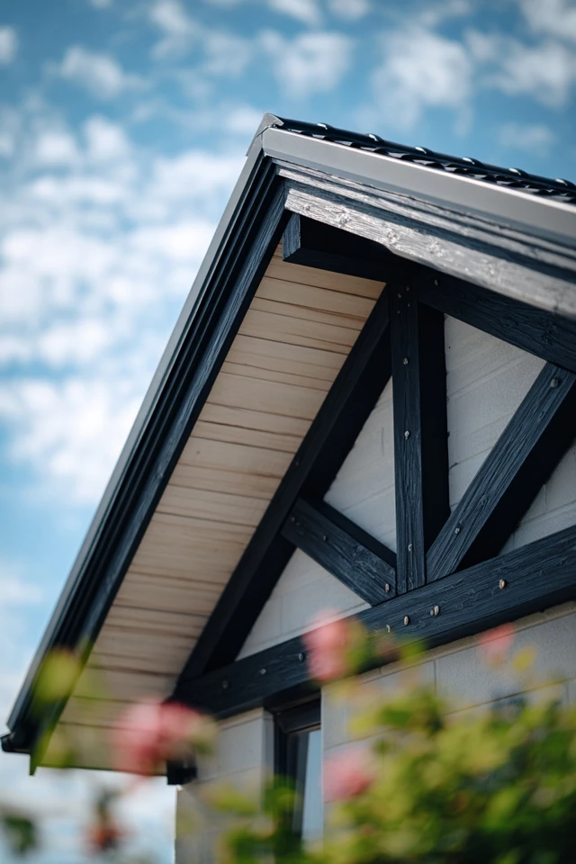 Gable roofline over a house entrance with exterior finishes visible