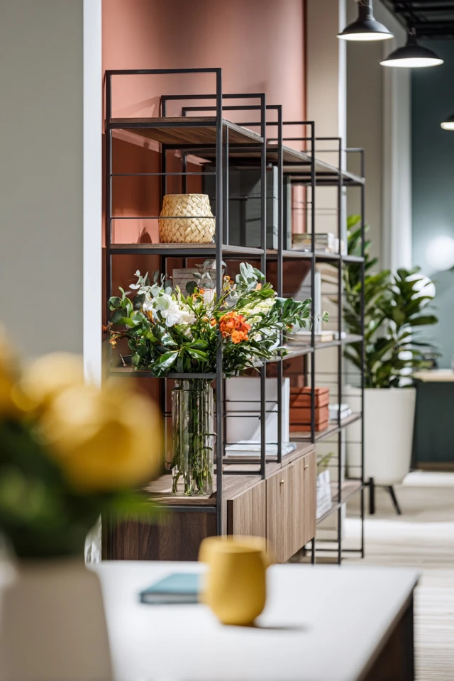 Styled office shelves with books and decor arranged in groups