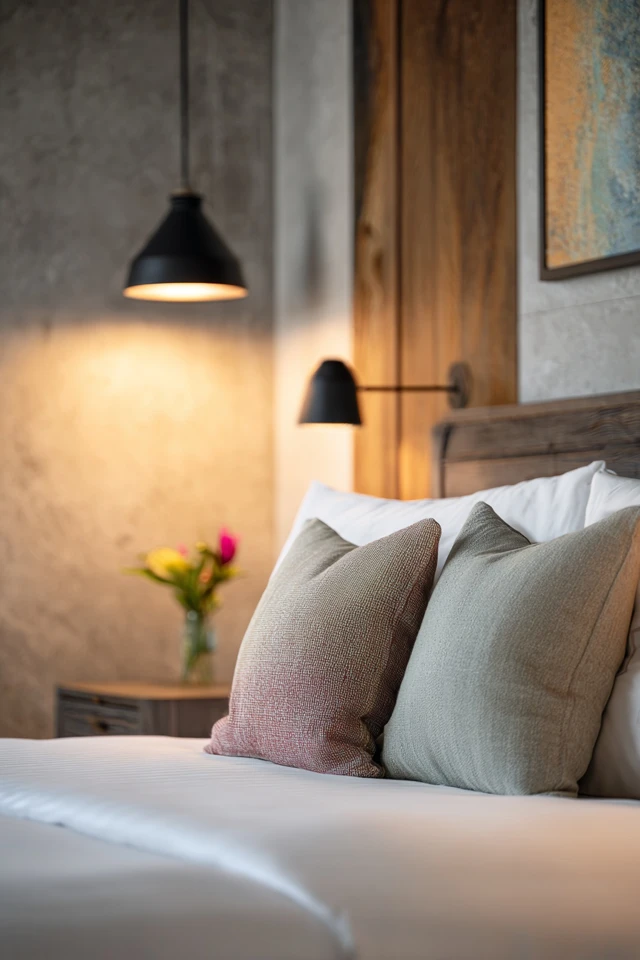 Bedroom wall and bed area with layered warm lighting and decor