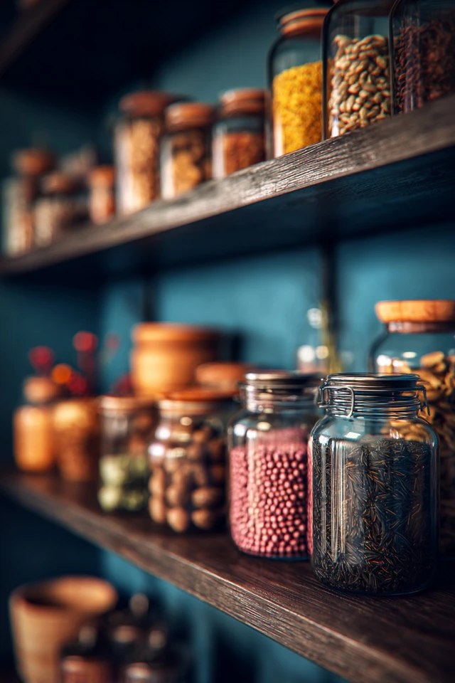 Compact kitchen pantry using open and closed storage for dry goods