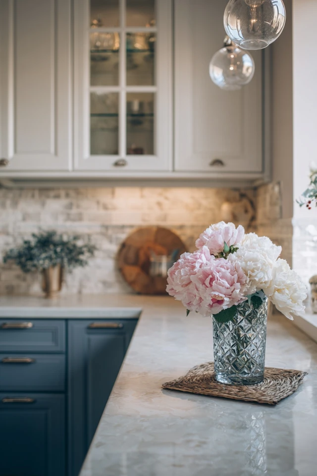 Budget-friendly shabby chic kitchen with painted cabinets and secondhand furniture