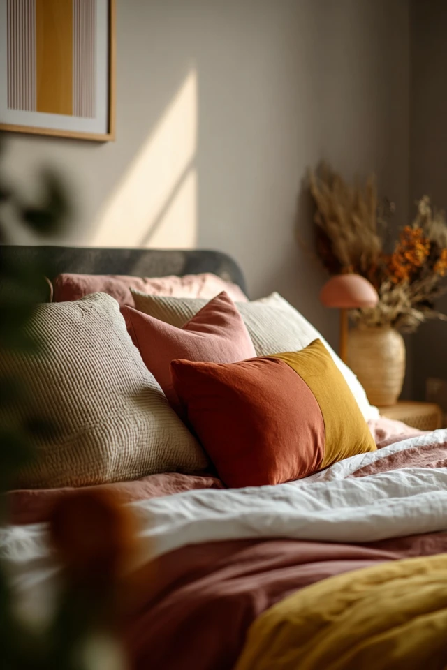 Restful bedroom detail showing layered textiles and warm, soft lighting