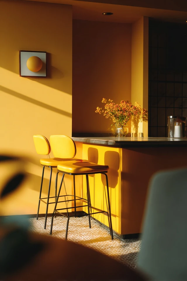 Home decor example mixing yellow with green or warm tones in a styled room