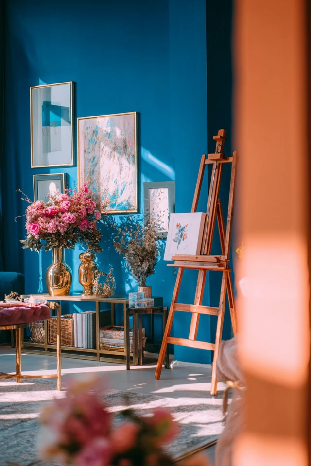 Organized art supplies and shelving in a home art studio