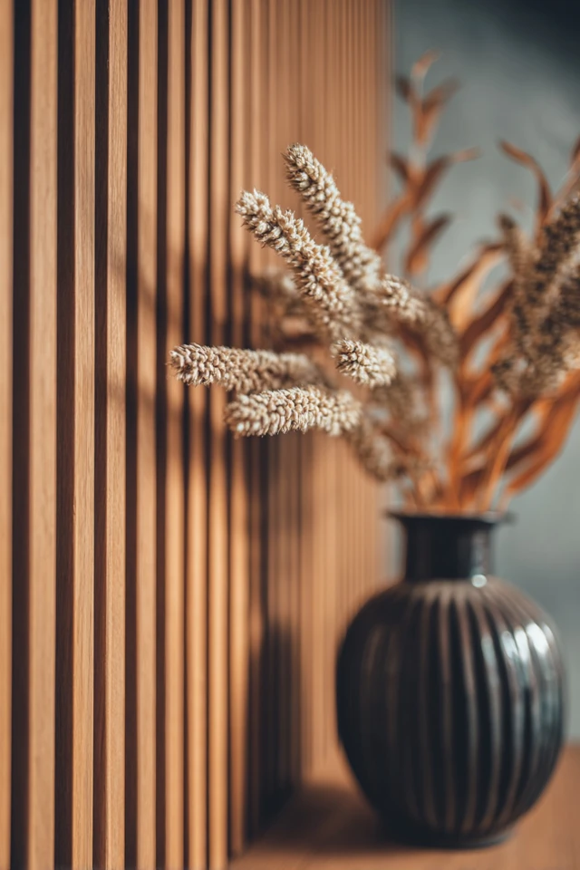 Painted wood paneling in a styled room with soft furnishings