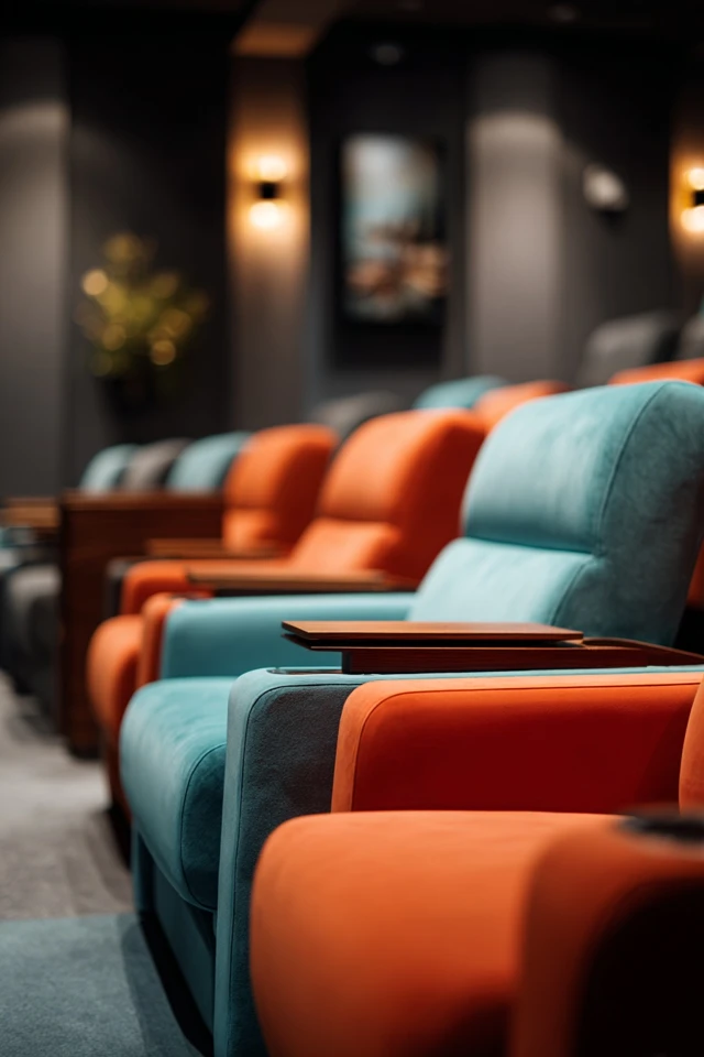 Small home theater corner with comfortable seating and textured soft furnishings