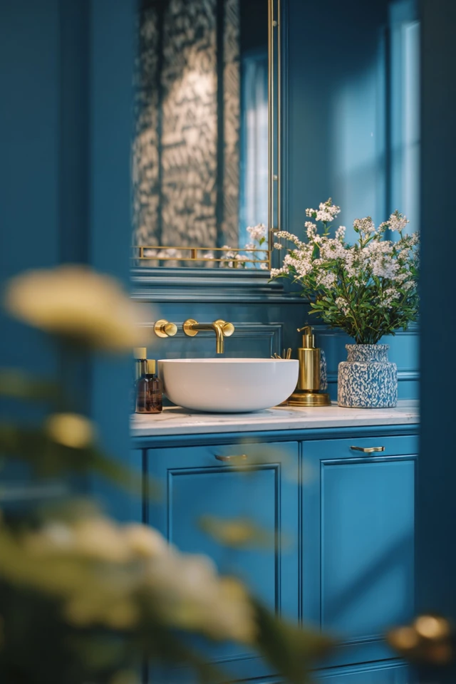 Bathroom with a blue vanity paired with complementary colors and hardware