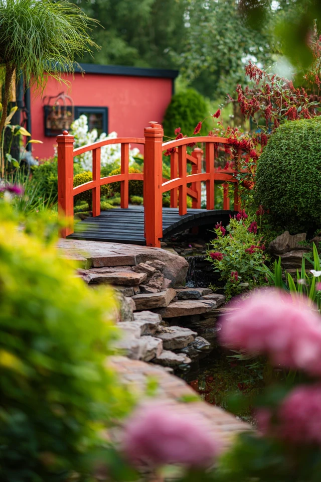 Small garden feature with a bridge and layered greenery suited to a modern garden