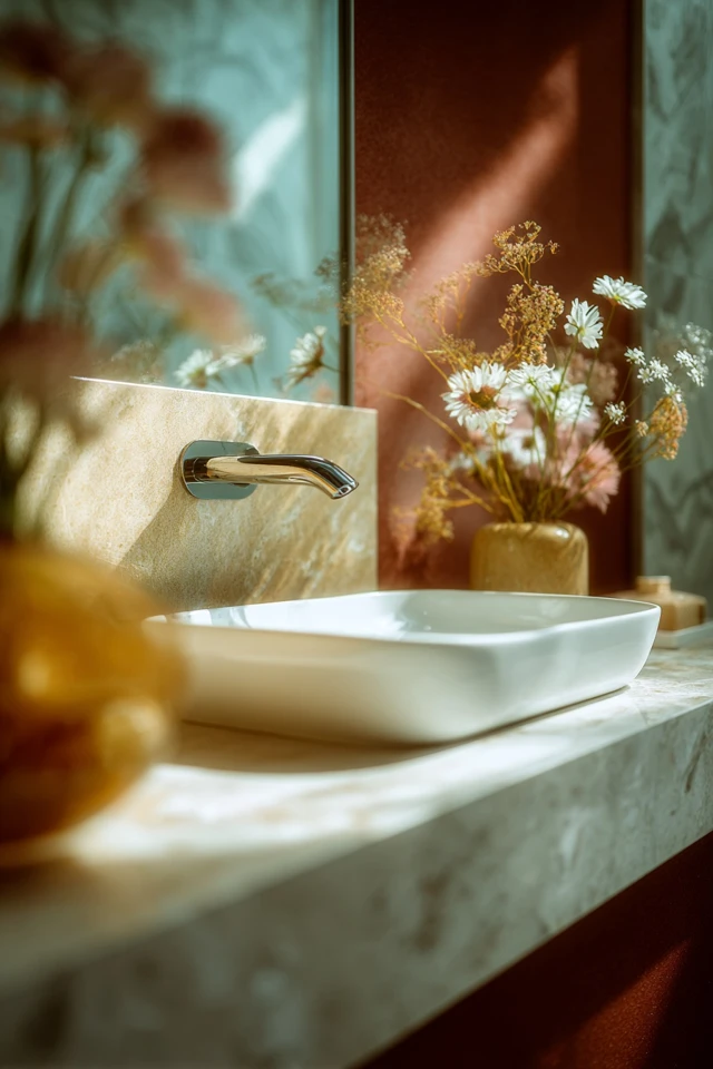 Minimal modern Japanese bathroom with soft lighting and neutral tones