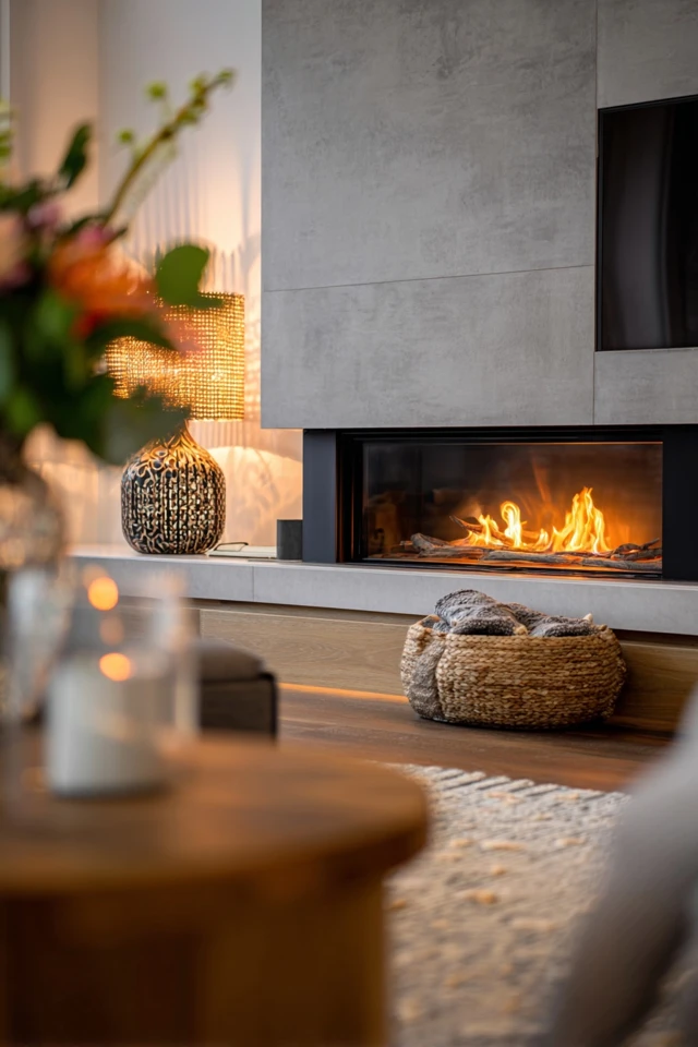 Stylish fireplace and TV wall with a mantel and simple decor