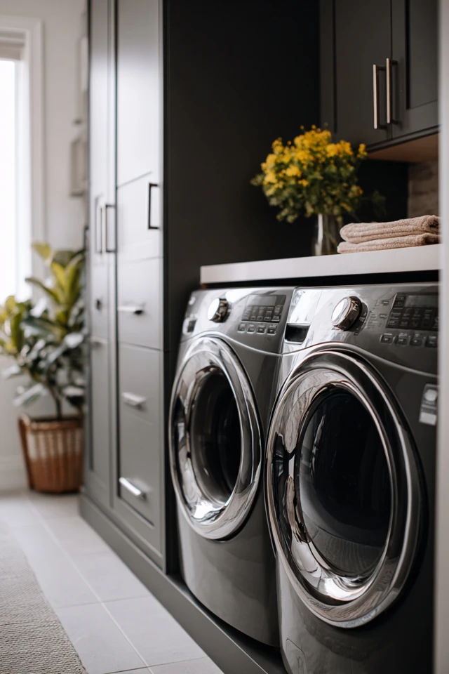 Concealed laundry corner blending into the surrounding room with matching finishes