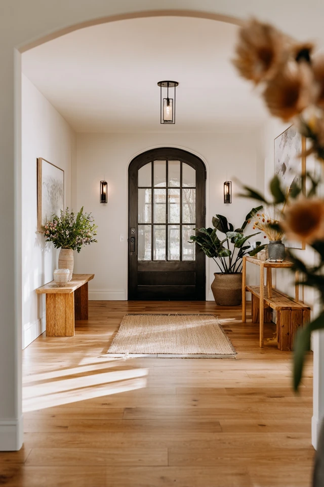 Farmhouse entry with runner rug, warm lighting and wood furniture
