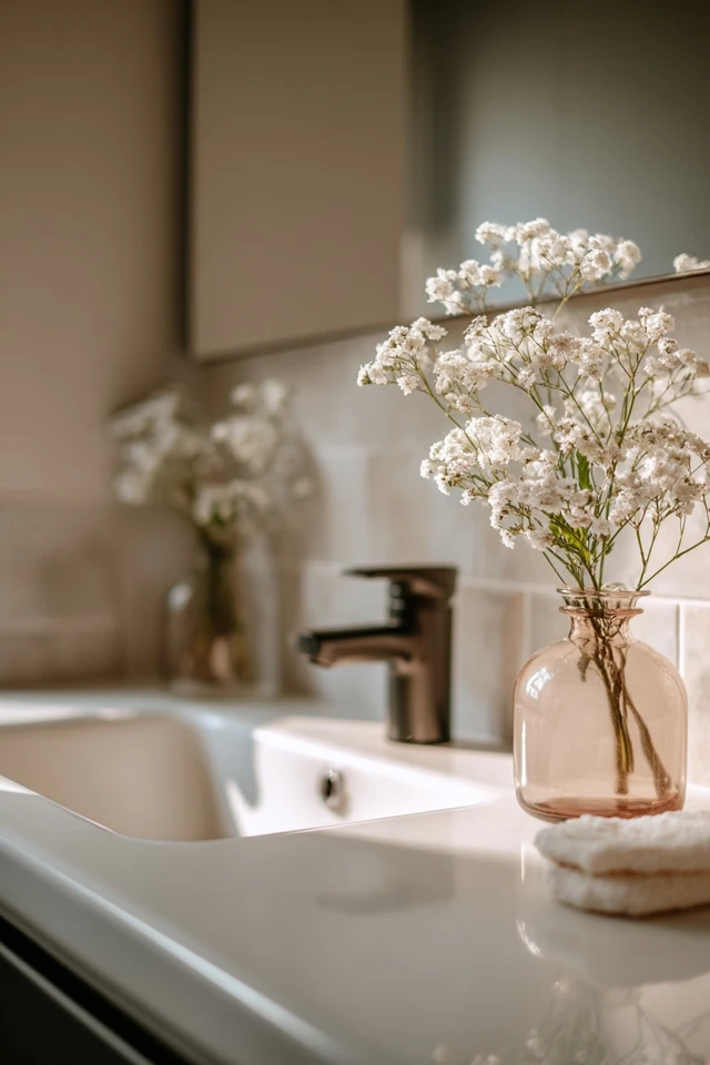 Styled apartment bathroom with plants, art and towels for a renter-friendly look