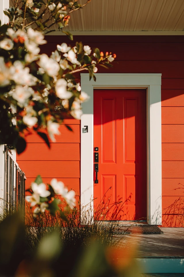 Modern front entry with an orange-toned door, porch lighting and simple planting