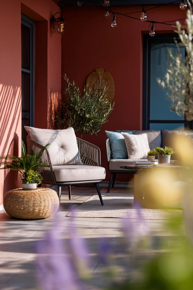 Covered patio seating area set up for relaxing into the evening with lighting