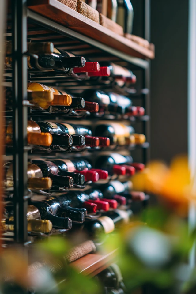 Styled wine rack with bottles arranged as a decorative focal point against the wall