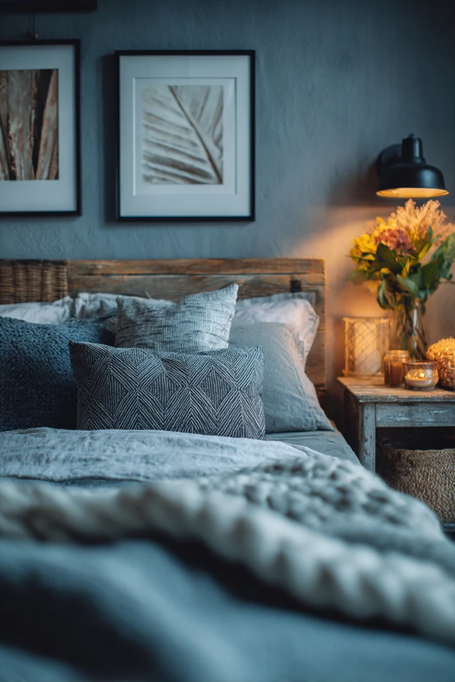 Farmhouse bedroom with industrial touches and layered textures on the bed