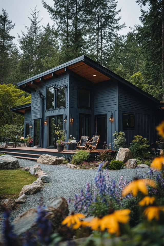 Modern rustic cabin room combining wood with contemporary furnishings