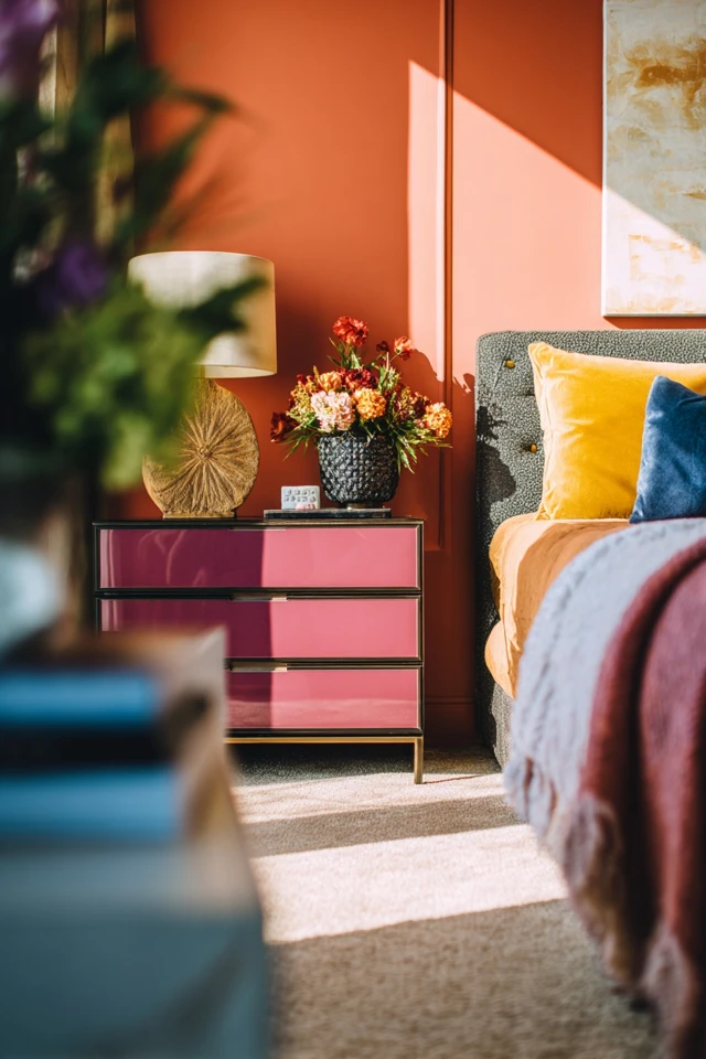 Bedroom nightstand styling example beside a made bed