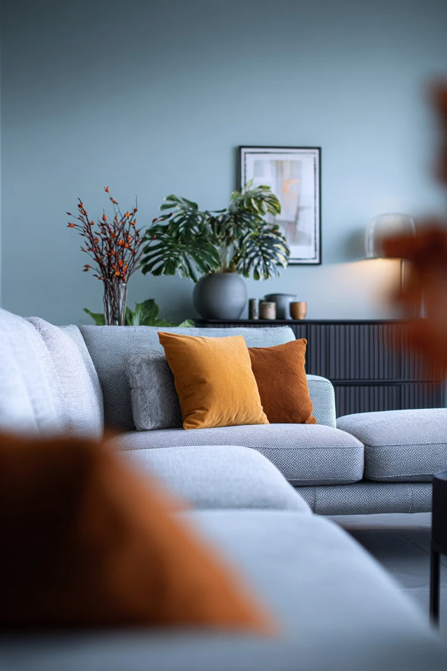 Neutral living room seating area with a grey couch and coffee table