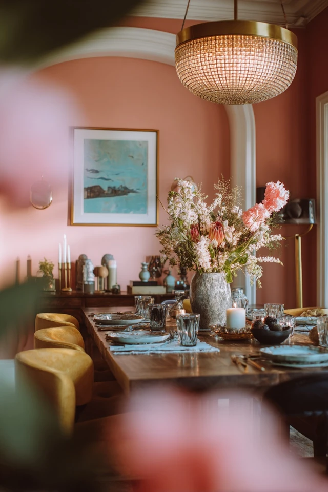 Dining room with a statement light fixture hanging over the table