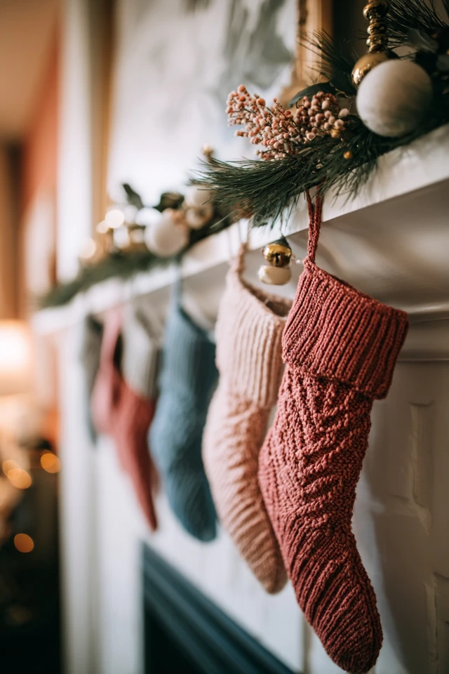 Festive stocking arrangement on a wall or furniture instead of a mantel