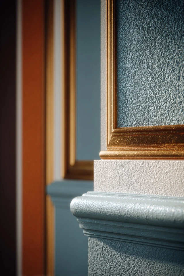 Bedroom wall with molding panels creating a framed backdrop behind the bed