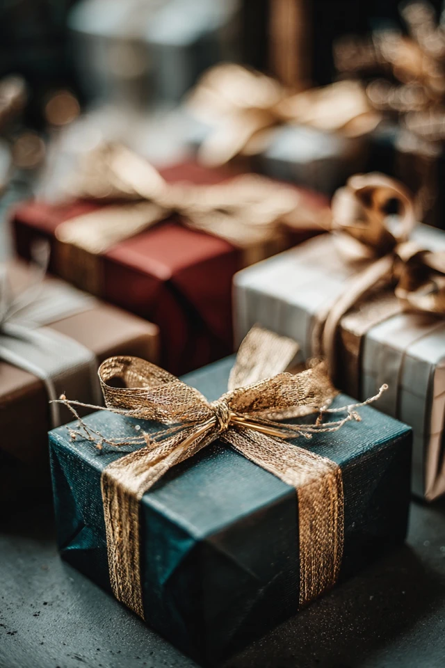 Stack of handmade Christmas present boxes with bows and tags for seasonal decorating