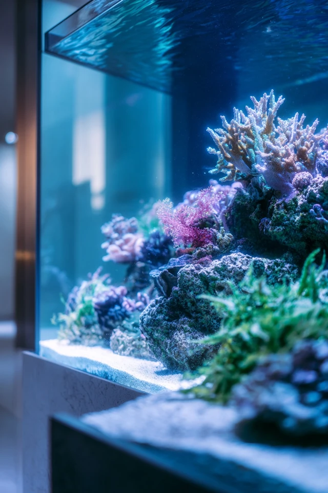 Fish tank on a stand with minimal decor styled around it