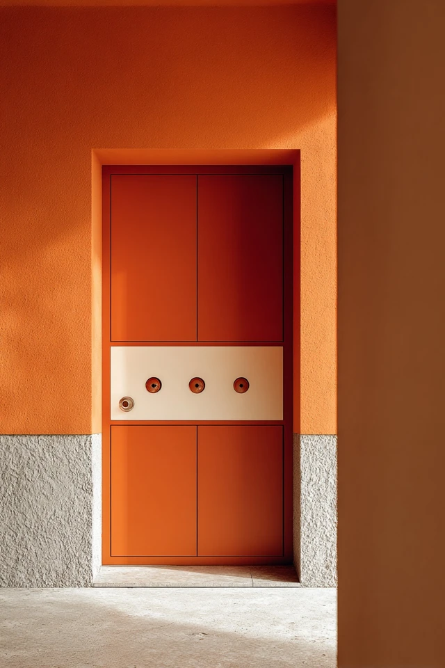 Burnt orange entry door framed by surrounding exterior materials