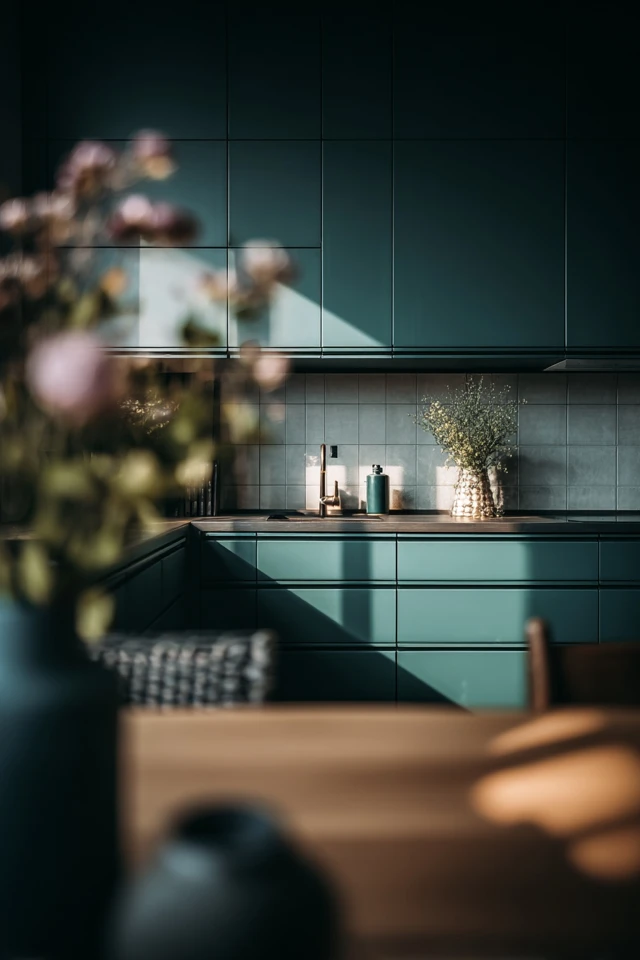 Kitchen detail showing dark green cupboards with tile and hardware