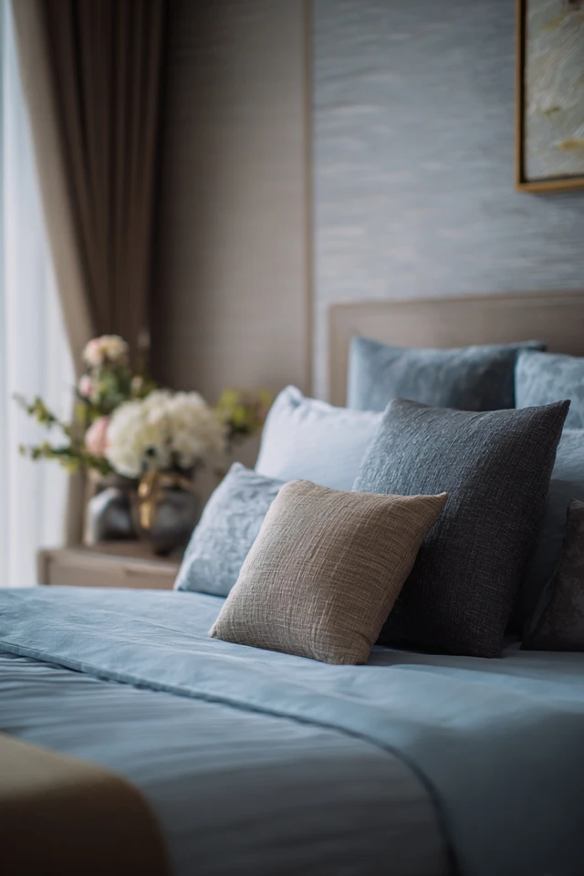 Bedroom detail showing layered natural textiles and wood in an Asian-inspired style