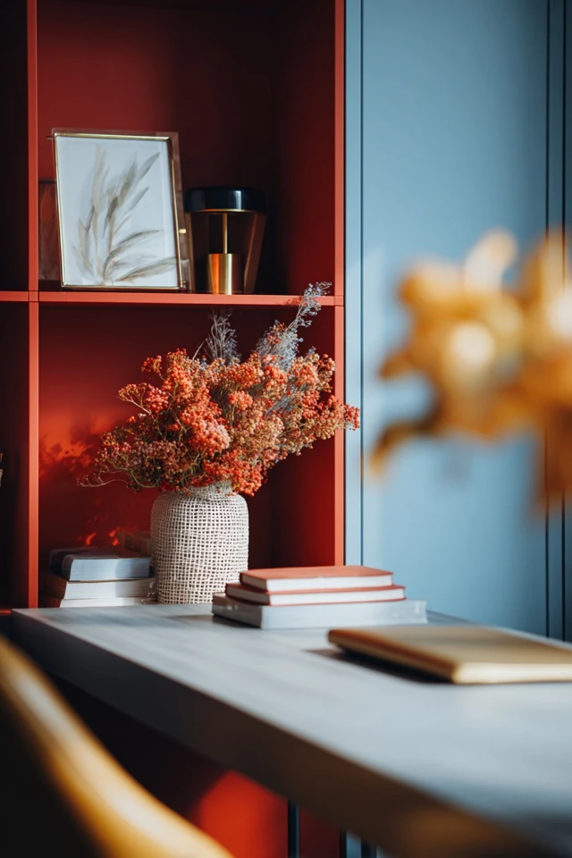 Styled home office corner in a garage or basement conversion with shelving