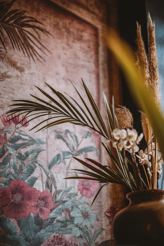 Home staircase with patterned wallpaper on the wall and a visible handrail