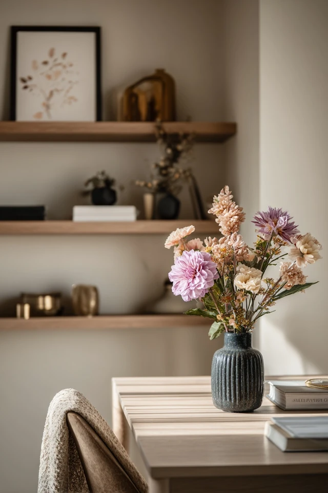 Styled office shelves with books, plants and small accessories