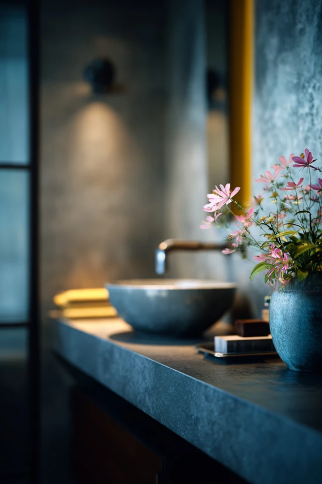 Bathroom with warm lighting and natural textures in a Japanese style