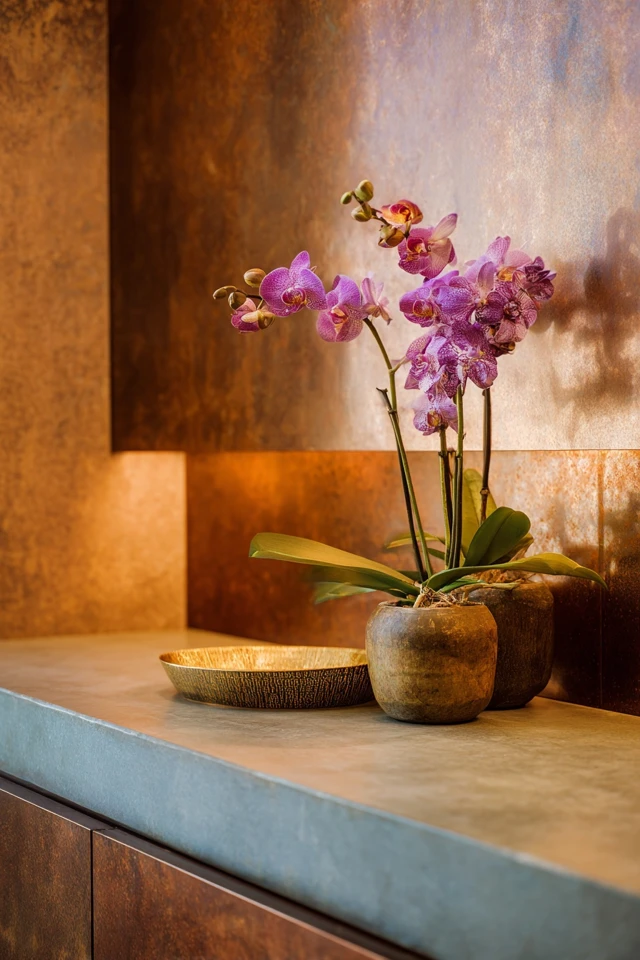 Kitchen counter and backsplash paired with cabinets in a copper-accent design