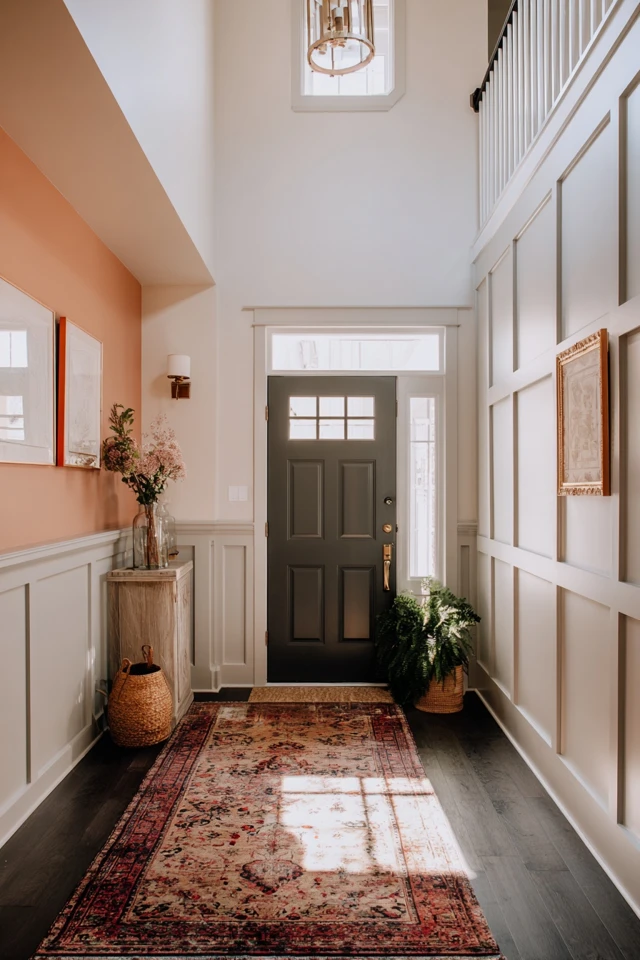 Spacious foyer arranged with furniture and decor in separate zones