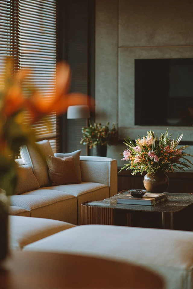 Cozy TV room corner with layered lighting near the seating area
