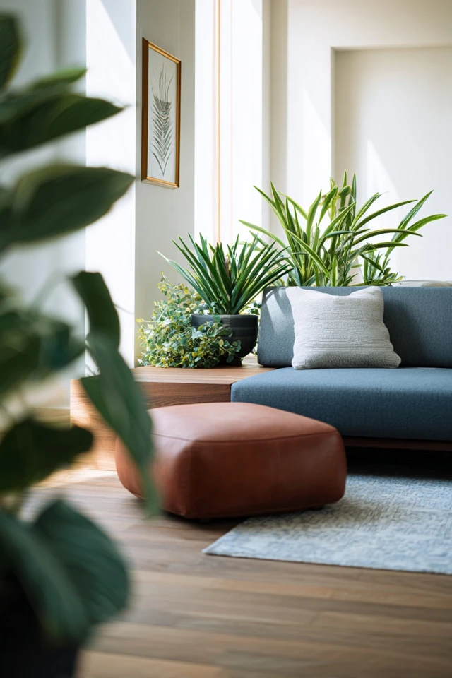 Conversation pit living room with layered lighting and soft textiles around the seating