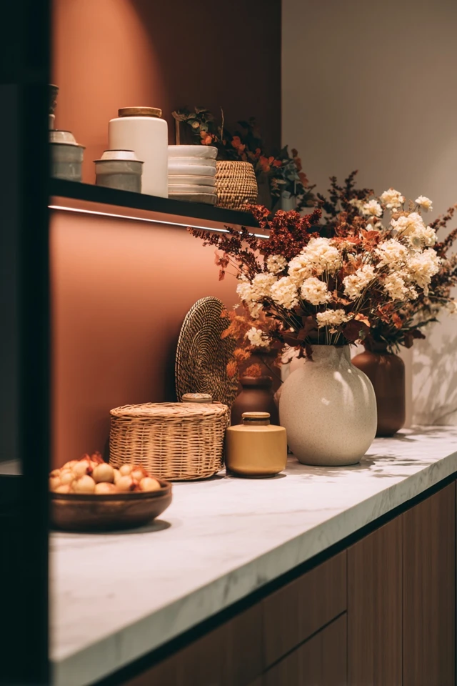 Pantry detail showing labeled containers and shelf organizers in a small space
