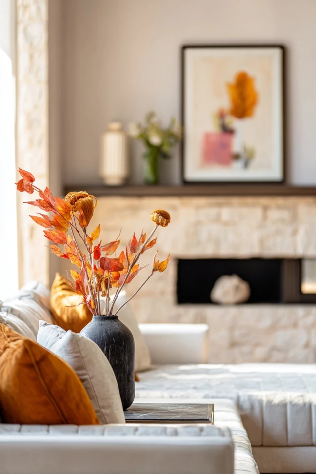 Cozy rustic living room with natural materials and warm lighting