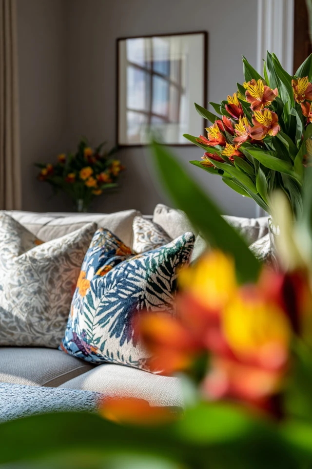 Styled sitting room corner with lamps, art and decor in a Victorian-inspired design