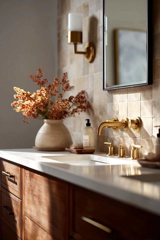 Warm, inviting farmhouse bathroom with styled decor