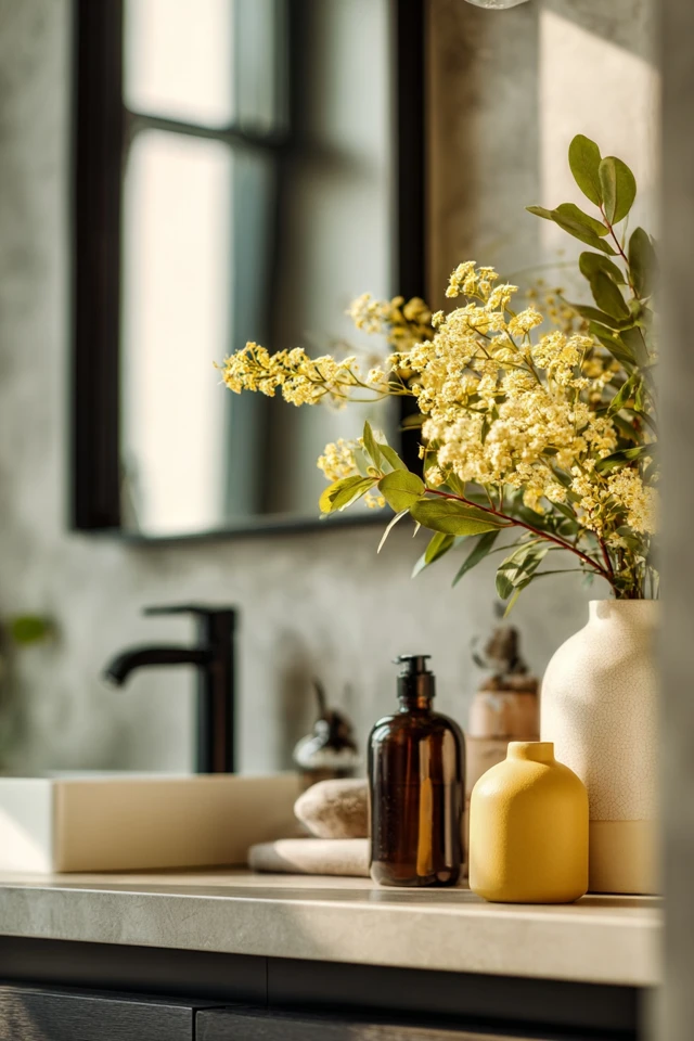 Apartment bathroom details with mirror, accessories and a touch of greenery